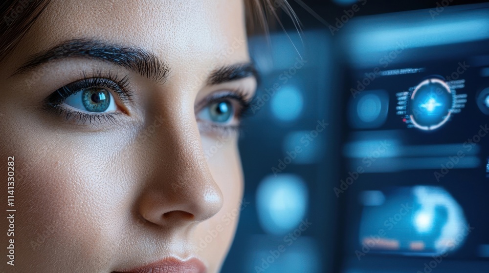 Poster futuristic close up portrait of a young woman surrounded by holographic data displays digital interf