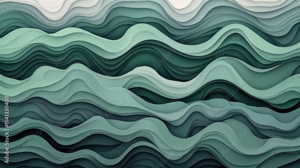 Poster a tranquil, abstract composition featuring layered green waves, creating a sense of depth and fluidi