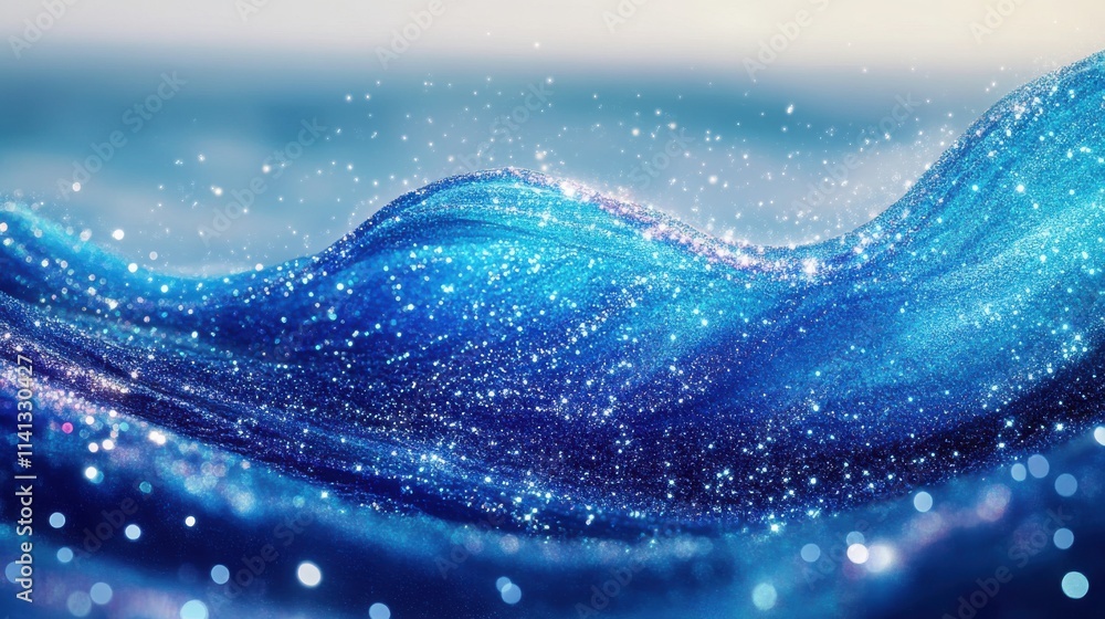 Poster a mesmerizing wave of sparkling blue hues and glimmering particles, creating a serene and magical oc