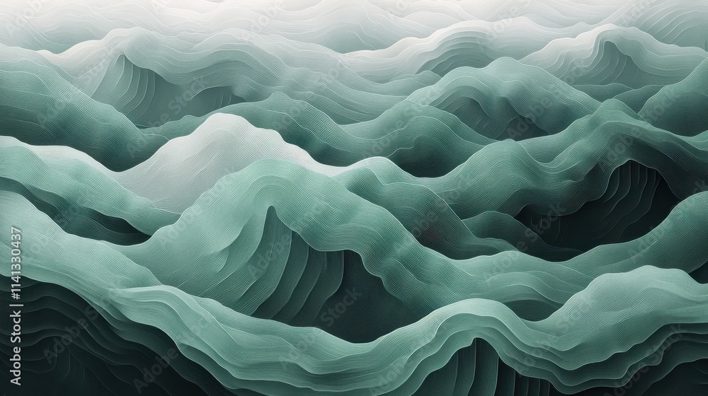 Poster abstract waves in shades of green, creating a serene and tranquil mood with flowing textures and dep