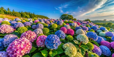 Experience breathtaking panoramic drone photography of a vibrant hydrangea field in full bloom.