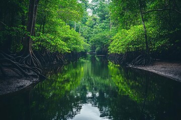 Serene river scene surrounded by lush greenery and reflective waters in a tranquil environment.