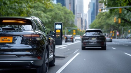 Blurred motion view of busy urban street with speeding vehicles and skyscrapers in the background representing the fast paced modern cityscape and commercial district of a thriving metropolitan area