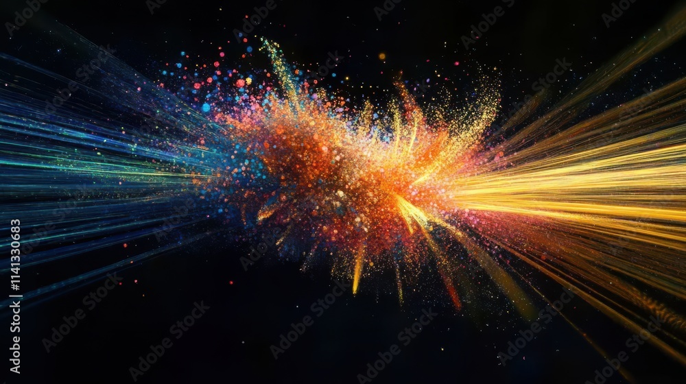 Poster a vibrant explosion of colors with blue, orange, and yellow particles creating a dynamic visual effe