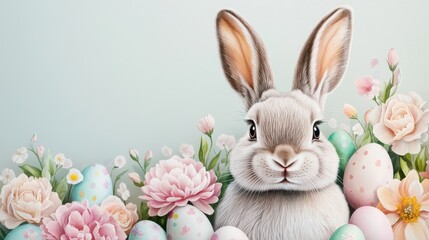Obraz premium A cute bunny surrounded by colorful Easter eggs and spring flowers against a pastel blue background.