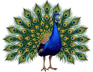 A majestic peacock spreads vibrant feathers in mid-air, set against a crisp white backdrop