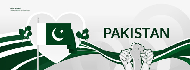 Pakistan Independence Day greeting banner concept. August 14th is celebrated as Pakistani National Day. Template illustration with flag and raised fist, great for national holiday poster.
