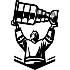 Victorious hockey player raised trophy cup above his head in monochrome. Simple minimalistic vector in black ink drawing on transparent background