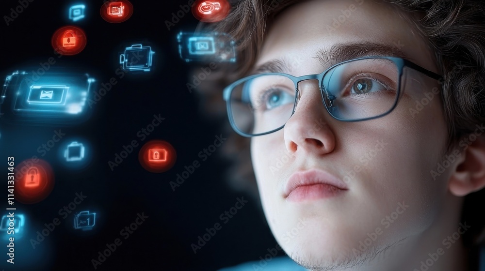Poster thoughtful young boy wearing eyeglasses gazing intently at floating digital interfaces and applicati