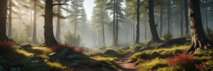 Obraz premium Forest landscape with Bombax anceps Pierre in the distance, hillside, woodland vegetation, forest landscape