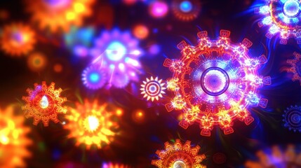 Fototapeta premium Colorful abstract design featuring vibrant luminous patterns and shapes in a cosmic atmosphere.