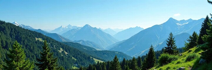 Obraz premium Forests and mountains blend seamlessly under the clear blue sky, nature, atmosphere