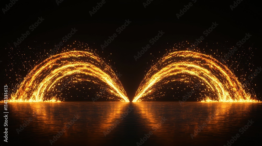 Poster dynamic golden sparks create an enchanting display on a reflective surface against a dark backdrop.