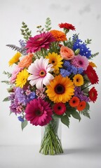 Fresh bouquet of colorful flowers against a plain white backdrop , blossoms, flowers, bouquet