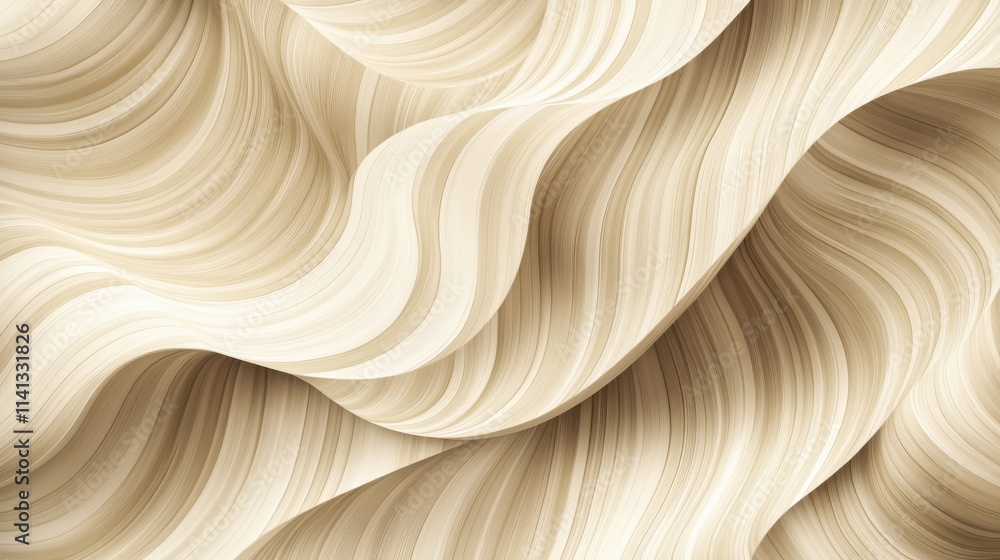 Poster an abstract depiction of flowing waves in soft beige and cream tones, creating a serene and elegant 