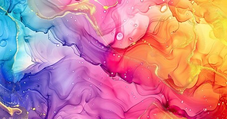 A vibrant abstract design featuring swirling colors of pink, purple, orange, and gold.