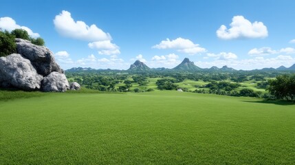 Scenic landscape featuring rolling hills and clear blue skies.