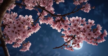 Full moon casting glow on cherry blossom flowers, night sky, glowing bloom