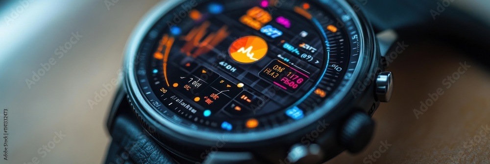 Poster smartwatch with complex data display close up.