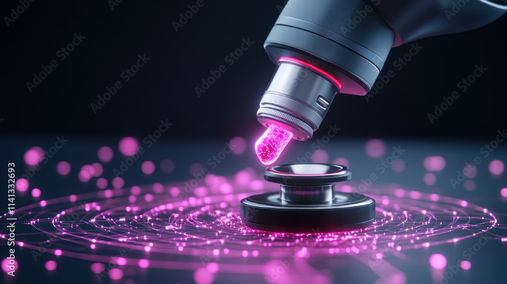 Poster a microscope capturing glowing particles in a scientific setting.