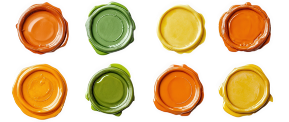 eight colorful wax seals in yellow. green. and orange on a transparent background