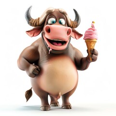 Adorable 3D buffalo character with ice cream on white background, cartoon style, bright colors, standing pose, high-resolution, smiling face