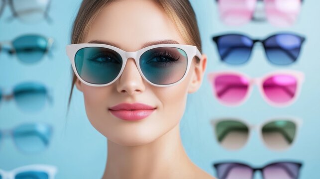 A stylish woman wearing chic sunglasses  promoting AMD and Low Vision Awareness Month.