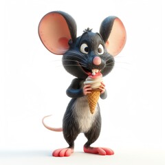 Adorable 3D mouse character with ice cream on white background, cartoon style, bright colors, standing pose, high-resolution, smiling face