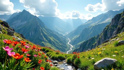 Fototapeta premium High mountainous landscape with Astragalus adsurgens flowers, green, herb, rocks