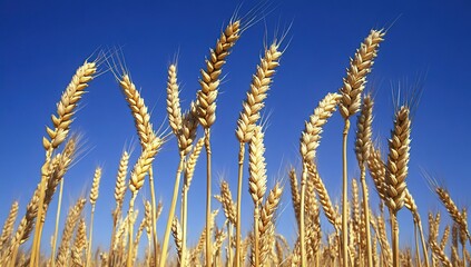 Fototapeta premium Golden Wheat Stalks Swaying Gently Under a Vivid Blue Sky: A Harvest's Promise