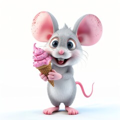 Adorable 3D mouse character with ice cream on white background, cartoon style, bright colors, standing pose, high-resolution, smiling face