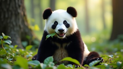 A playful panda enjoying leaves in a serene forest setting.