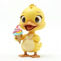 Adorable 3D yellow duck character with ice cream on white background, cartoon style, bright colors, standing pose, high-resolution, smiling face