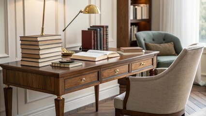 A polished wooden desk nestled a stacks of books paired with a comfortable chair providing an ideal workspace surrounded by a calm atmosphere.