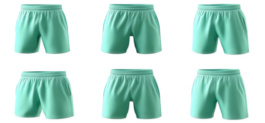 six pairs of light green. blank. men's athletic shorts isolated on a transparent background