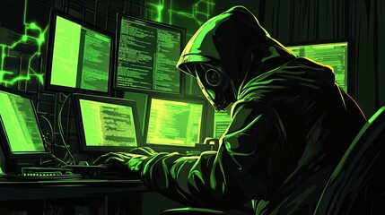 Hacker in Dark Room Accessing Banking System