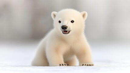 A playful polar bear cub standing on snow, exuding cuteness.
