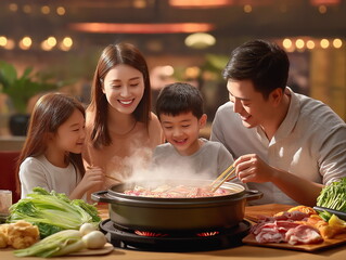 A joyful family dining together at a hot pot restaurant, showcasing a heartwarming moment of connection and tradition, with steaming hot pot dishes in an inviting and lively restaurant atmosphere.