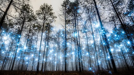 Obraz premium Enchanting blue light trails in a misty forest at night.
