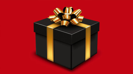 elegant black gift box with gold wrapping on a red background