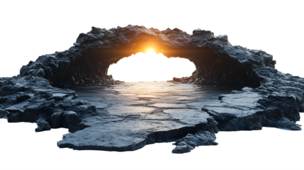 A large hole in the ground with a bright orange sun shining through it