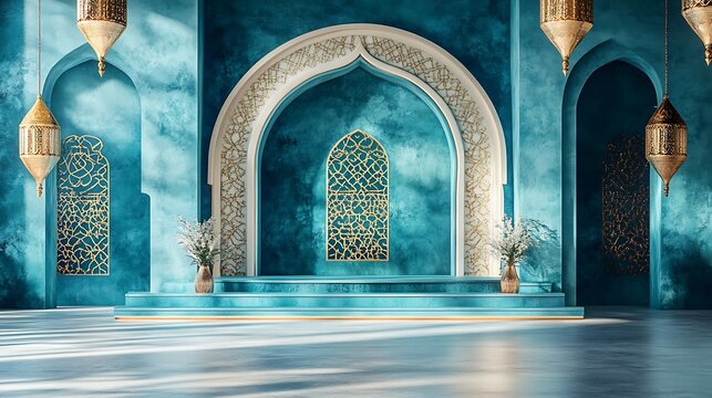 Elegant Teal Room With Golden Accents And Archways