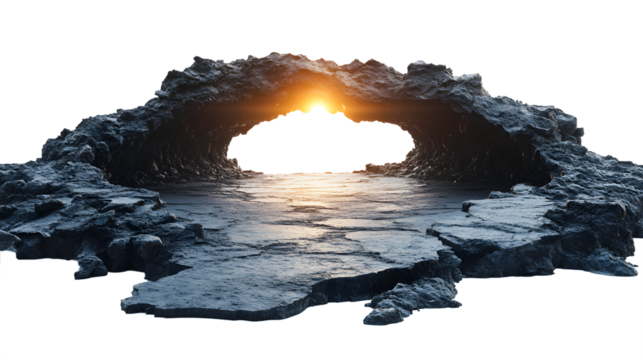 A large hole in the ground with a bright orange sun shining through it