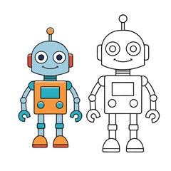 A cute robot with friendly eyes, round shapes, and fun details like antennas and buttons, perfect for a playful coloring page for kids or robot fans.