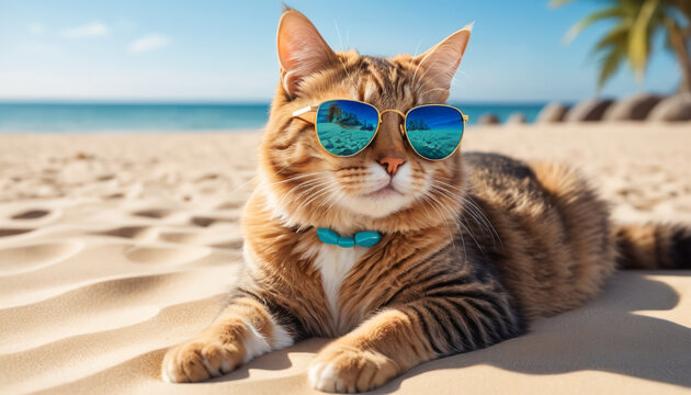 A relaxed cat rests on the beach sand, wearing stylish sunglasses. The golden sand and sparkling ocean create a vibrant tropical atmosphere. Palm trees sway gently in the background.