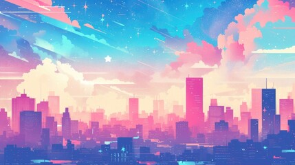 Fototapeta premium A vibrant city skyline at dusk, filled with colorful clouds and a starry sky.