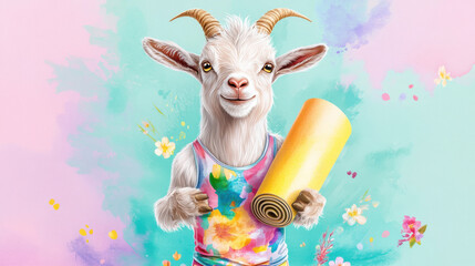 A cheerful anthropomorphic goat in yoga attire holding a rolled-up yoga mat, celebrating National Goat Yoga Month.