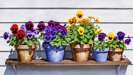 Colorful flower pots with pansies on a sunny wooden shelf background