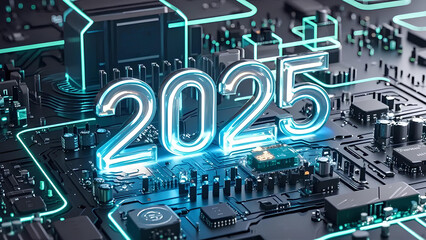 2025 3d text effect futuristic technology on circuit board background

