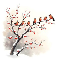 Winter Birds on Snowy Berry Tree